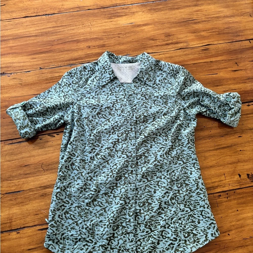 Royal Robbins Green Blue Button Down Shirt 3/4 Sleeve Fitted